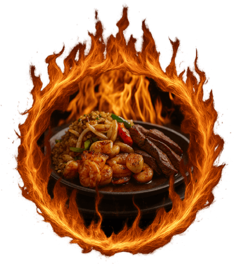 Hibachi grilled shrimp, steak, and fried rice with fire ring effect